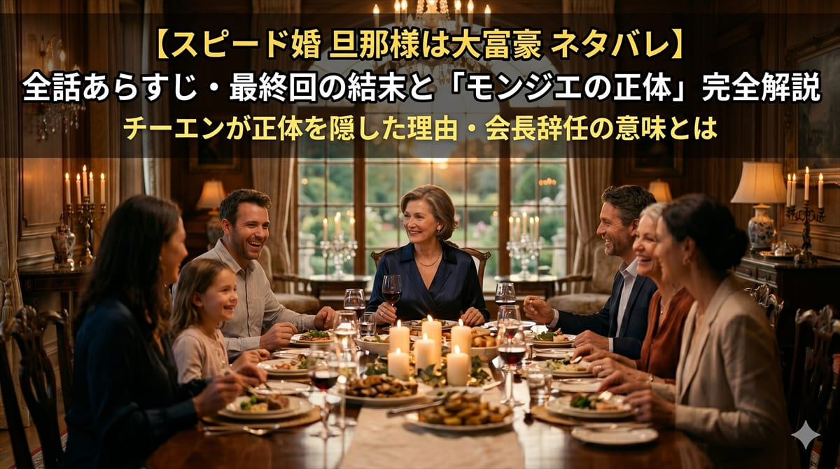 スピード婚 旦那様は大富豪 ネタバレ記事のアイキャッチ画像。豪邸のダイニングで家族が食卓を囲む温かいシーン