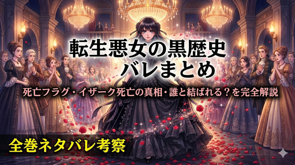 転生悪女の黒歴史ネタバレ記事のアイキャッチ。黒いドレスのイアナが舞踏会で凛と立つシーン
