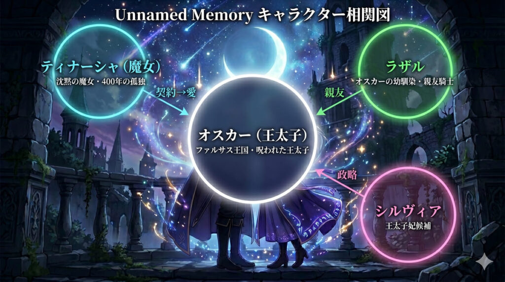 アンネームドメモリーのキャラクター相関図。オスカーを中心にティナーシャ・ラザル・シルヴィアとの関係性を図示