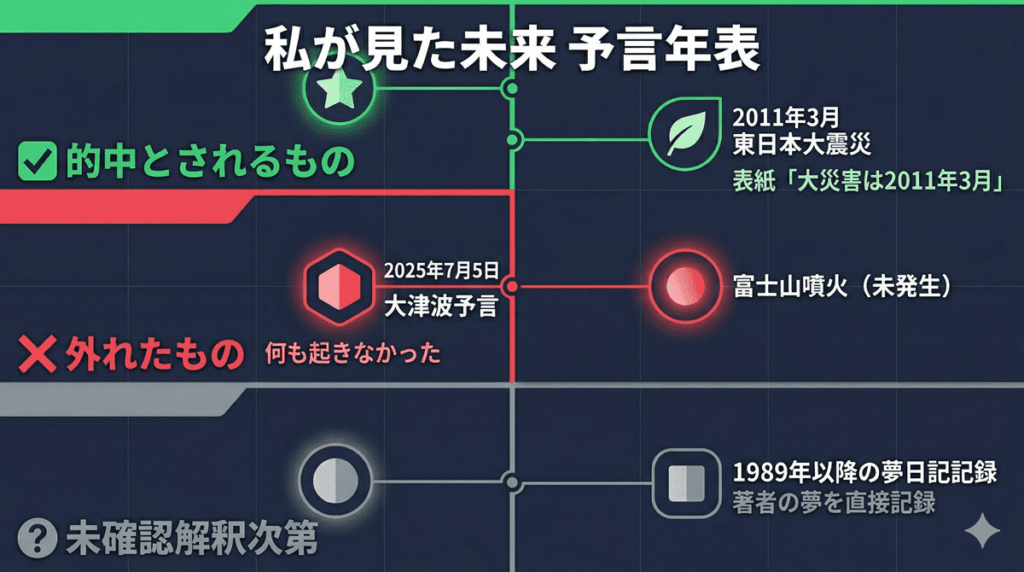 私が見た未来の予言年表。的中とされるもの（2011年3月東日本大震災）、外れたもの（2025年7月5日大津波・富士山噴火）、未確認（夢日記記録）の3分類で整理した図解。