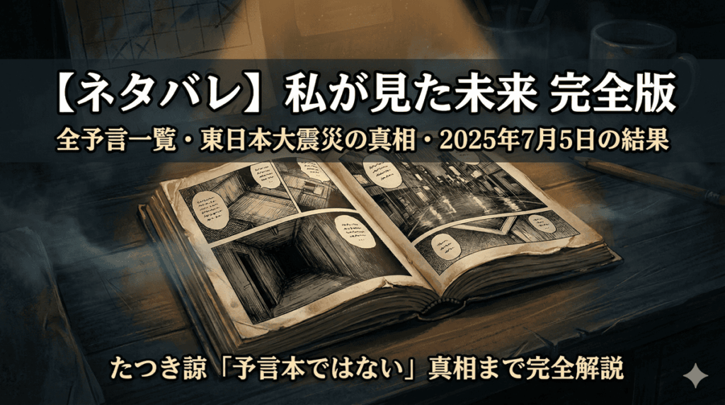 私が見た未来 完全版のネタバレ記事アイキャッチ。暗い机の上に置かれた古い漫画本のイラスト。タイトル「【ネタバレ】私が見た未来 完全版 全予言一覧・東日本大震災の真相・2025年7月5日の結果 完全解説」を記載。