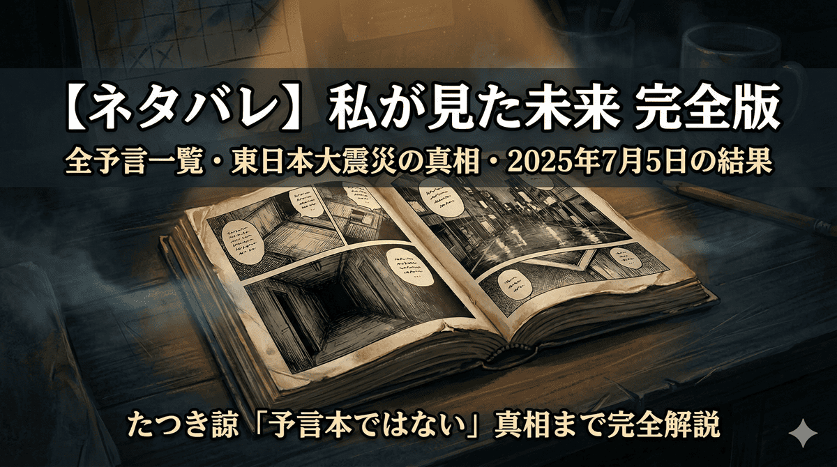 私が見た未来 完全版のネタバレ記事アイキャッチ。暗い机の上に置かれた古い漫画本のイラスト。タイトル「【ネタバレ】私が見た未来 完全版 全予言一覧・東日本大震災の真相・2025年7月5日の結果 完全解説」を記載。
