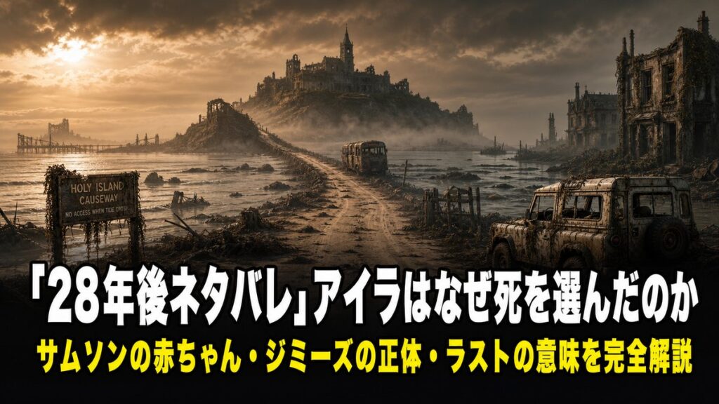 映画「28年後」ネタバレ考察記事のアイキャッチ画像。廃墟と霧に包まれたイギリスの砂州を背景に、記事タイトルが表示されている