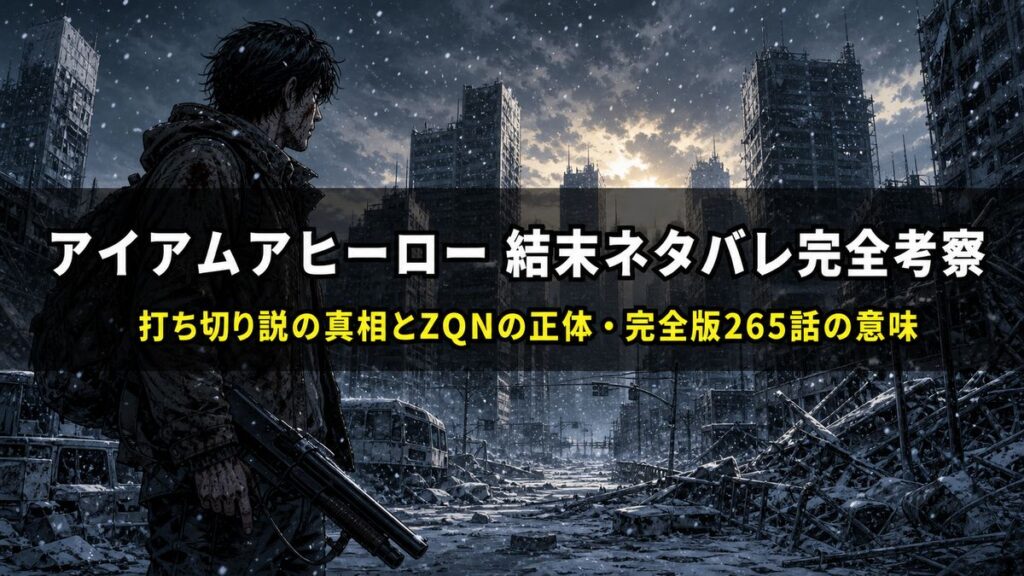 アイアムアヒーロー ネタバレ記事のアイキャッチ画像。雪に覆われた廃墟の東京に散弾銃を持って一人佇む英雄の構図