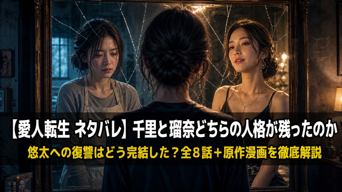 愛人転生ネタバレ記事のアイキャッチ画像。鏡の中に「転生前の千里」と「転生後の瑠奈」の二つの姿が映る復讐・再生テーマのドラマチックな構図