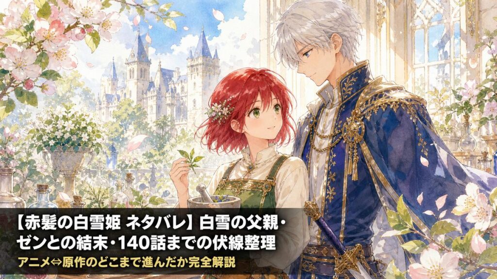 赤髪の白雪姫ネタバレ記事のアイキャッチ画像。赤い髪の女性薬剤師白雪と銀髪の王子ゼンが王宮の薬草園に並んで立つ、少女漫画らしい水彩タッチの構図
