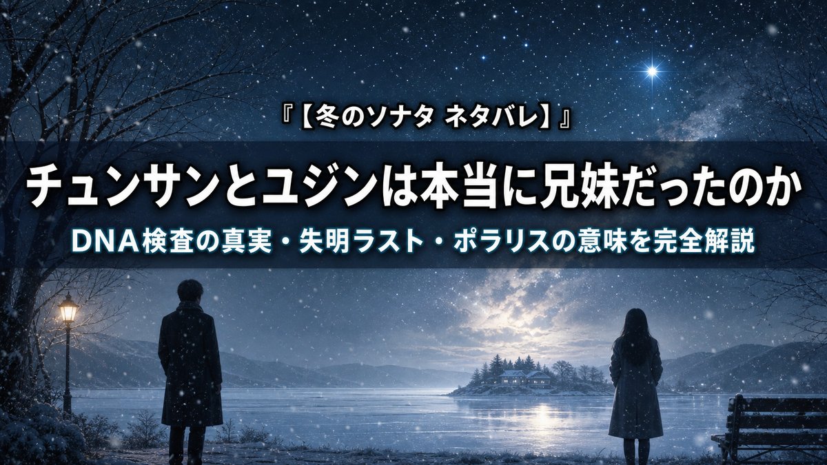 冬のソナタ ネタバレ解説記事のアイキャッチ画像。雪の降る冬の夜に二人のシルエットが離れて立ち、北の星を見上げている純愛ドラマの雰囲気