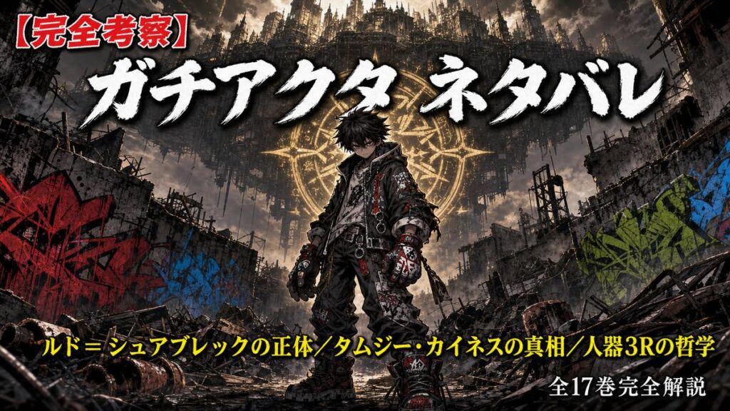 ガチアクタ ネタバレ完全考察記事のアイキャッチ画像。ルド・シュアブレック家紋章・天界の浮遊都市・グラフィティタグが映る