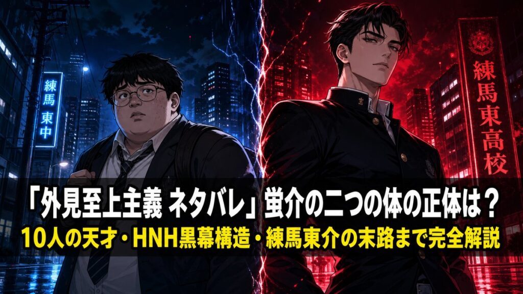 外見至上主義 ネタバレ記事のアイキャッチ画像。小太りの元の体と高身長イケメンの体という二体の対比を表した、ダークトーンの劇的な構図