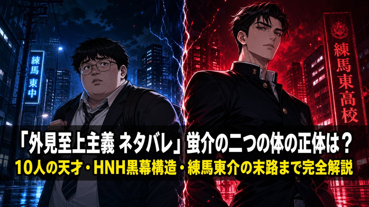 外見至上主義 ネタバレ記事のアイキャッチ画像。小太りの元の体と高身長イケメンの体という二体の対比を表した、ダークトーンの劇的な構図