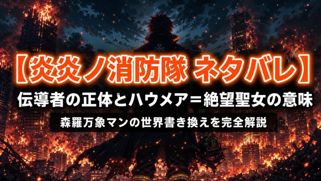 アニメ「炎炎ノ消防隊」ネタバレ解説記事のアイキャッチ画像。燃え盛る都市を背景にヒーロー的な消防士のシルエットが立つ構図に、「伝導者の正体とハウメア＝絶望聖女の意味」のタイトルを合成。