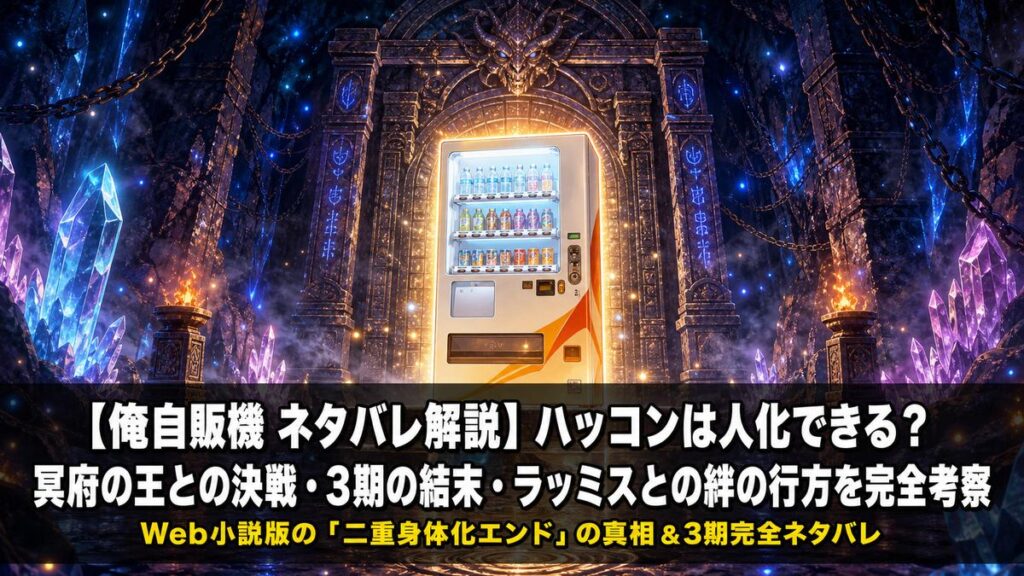 「自動販売機に生まれ変わった俺は迷宮を彷徨う ネタバレ解説記事のアイキャッチ画像。ダンジョン内に輝く自動販売機（ハッコン）が中央に立つドラマチックな構図」