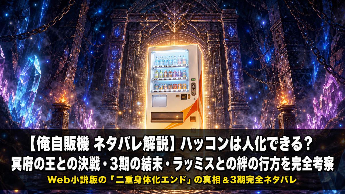 「自動販売機に生まれ変わった俺は迷宮を彷徨う ネタバレ解説記事のアイキャッチ画像。ダンジョン内に輝く自動販売機(ハッコン)が中央に立つドラマチックな構図」