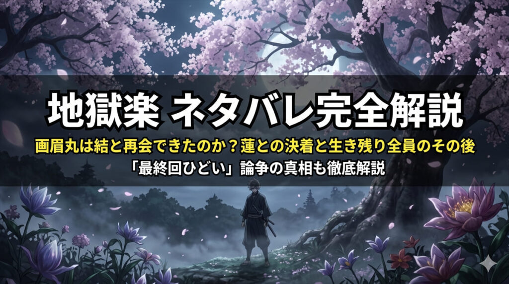 地獄楽ネタバレ完全解説記事のアイキャッチ画像。謎めいた島に立つ孤高の侍の姿と巨大な花が咲き乱れる幻想的なダークファンタジーの構図