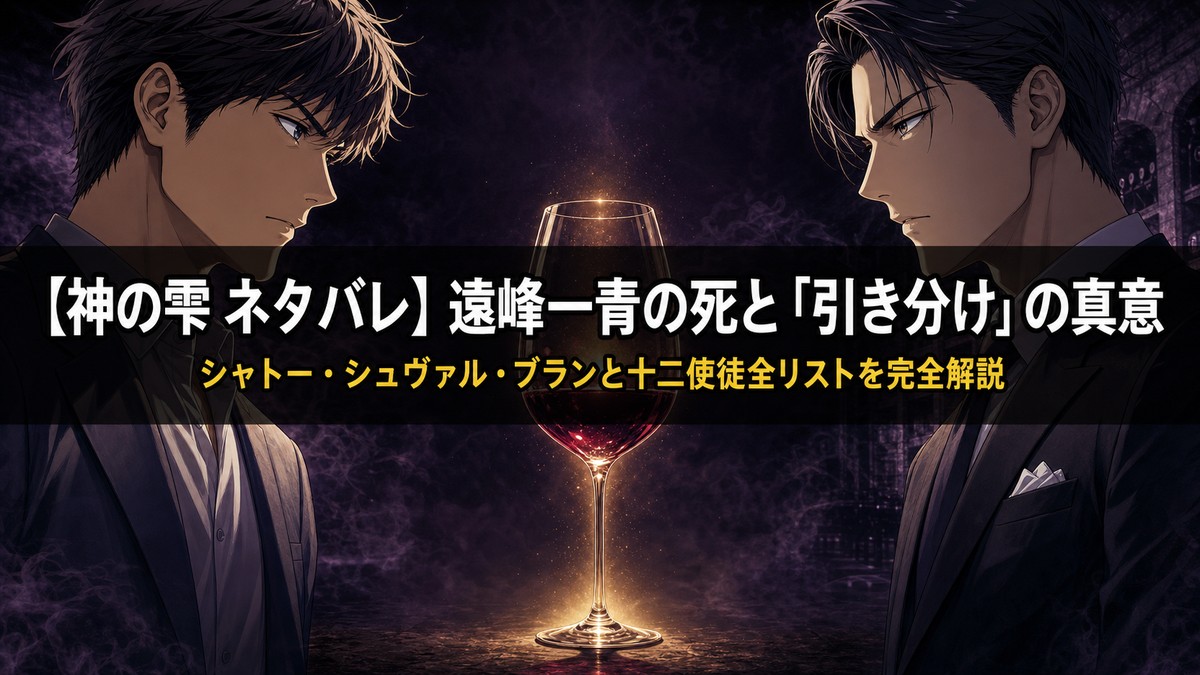 神の雫ネタバレ記事のアイキャッチ画像。神咲雫と遠峰一青が一本のワイングラスを挟んで向き合うドラマチックな構図