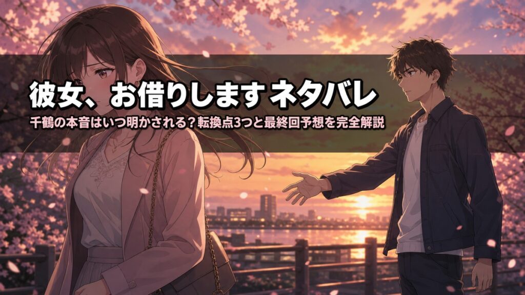 彼女、お借りします ネタバレ記事のアイキャッチ画像。夕暮れの桜の背景に向かい合う和也と千鶴の情感的な構図
