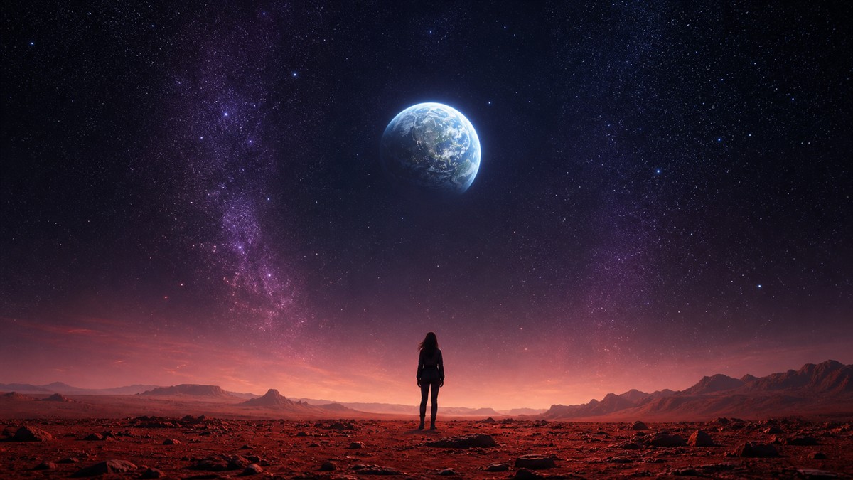 火星の女王ネタバレ記事のアイキャッチ。火星の赤い大地に立つ人物のシルエットと、暗い宇宙に輝く地球を背景にしたSFドラマのイメージ画像