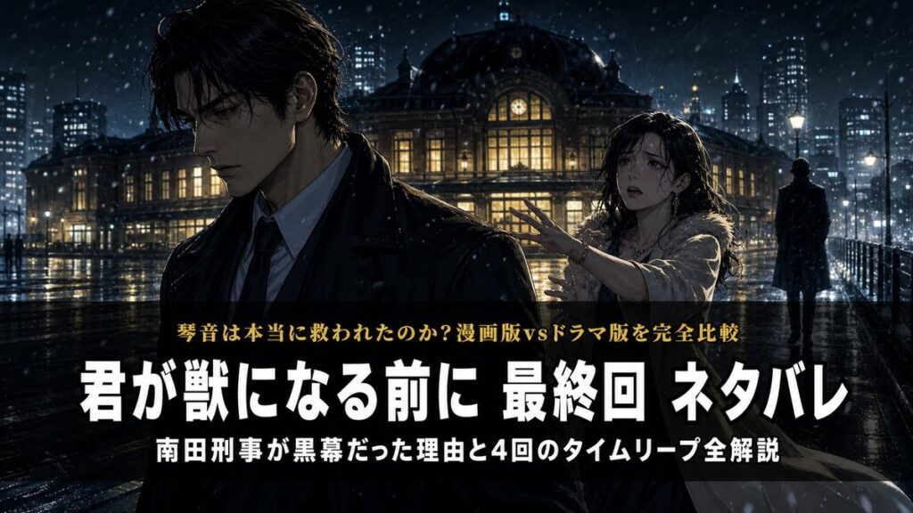 君が獣になる前に最終回ネタバレ記事のアイキャッチ画像。深夜の都市ターミナル駅前で、ダークスーツの男性（神崎）が後ろに女性（琴音）を庇うように立つドラマチックな構図。ネオン照明と濡れた路面が印象的。