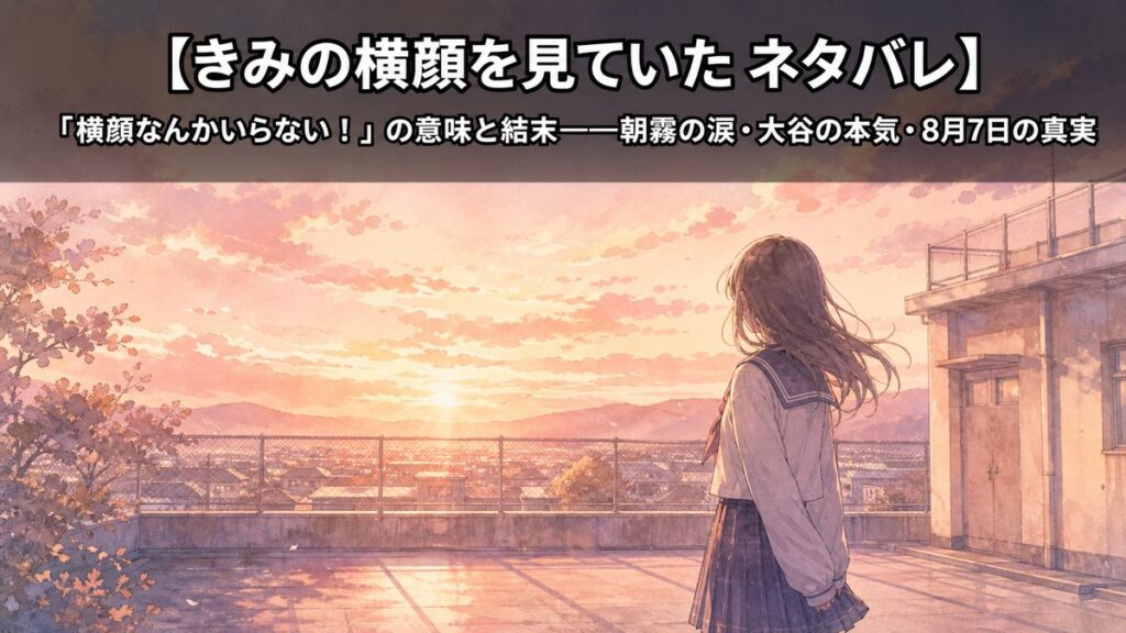 きみの横顔を見ていたのネタバレ解説記事アイキャッチ。夕暮れの校舎を背景に横顔で遠くを見つめる女子高生のシルエット。