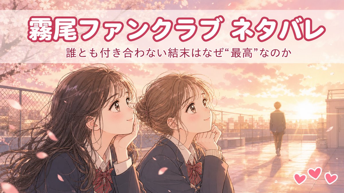 霧尾ファンクラブのネタバレと結末考察を表すアイキャッチ画像。学校の屋上で同じ方向を見つめる女子高生2人と、顔の見えない男子生徒のシルエット