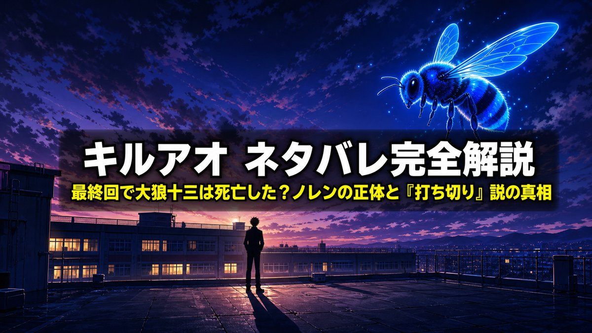 「キルアオ ネタバレ記事のアイキャッチ画像。夕暮れの学校の屋上に浮かぶ青い蜂と、小さな人影のシルエットを描いたドラマチックな構図」