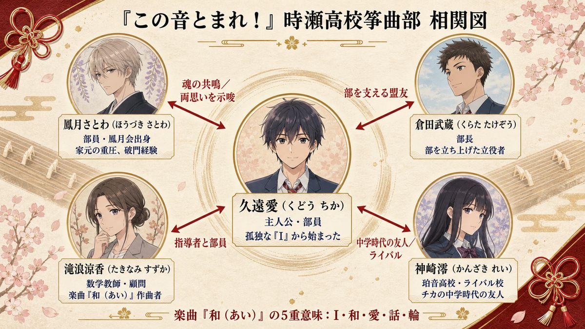 『この音とまれ！』時瀬高校箏曲部キャラクター相関図｜久遠愛・鳳月さとわ・倉田武蔵・滝浪涼香・神崎澪の関係性と楽曲『和（あい）』5重意味