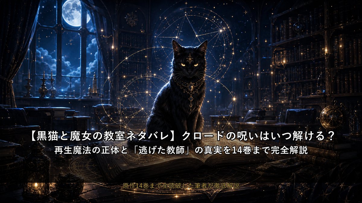 黒猫と魔女の教室ネタバレ解説記事のアイキャッチ画像。古びた魔法書の上に座る黒猫と、周囲に広がる星座の魔法陣が幻想的な雰囲気を演出している