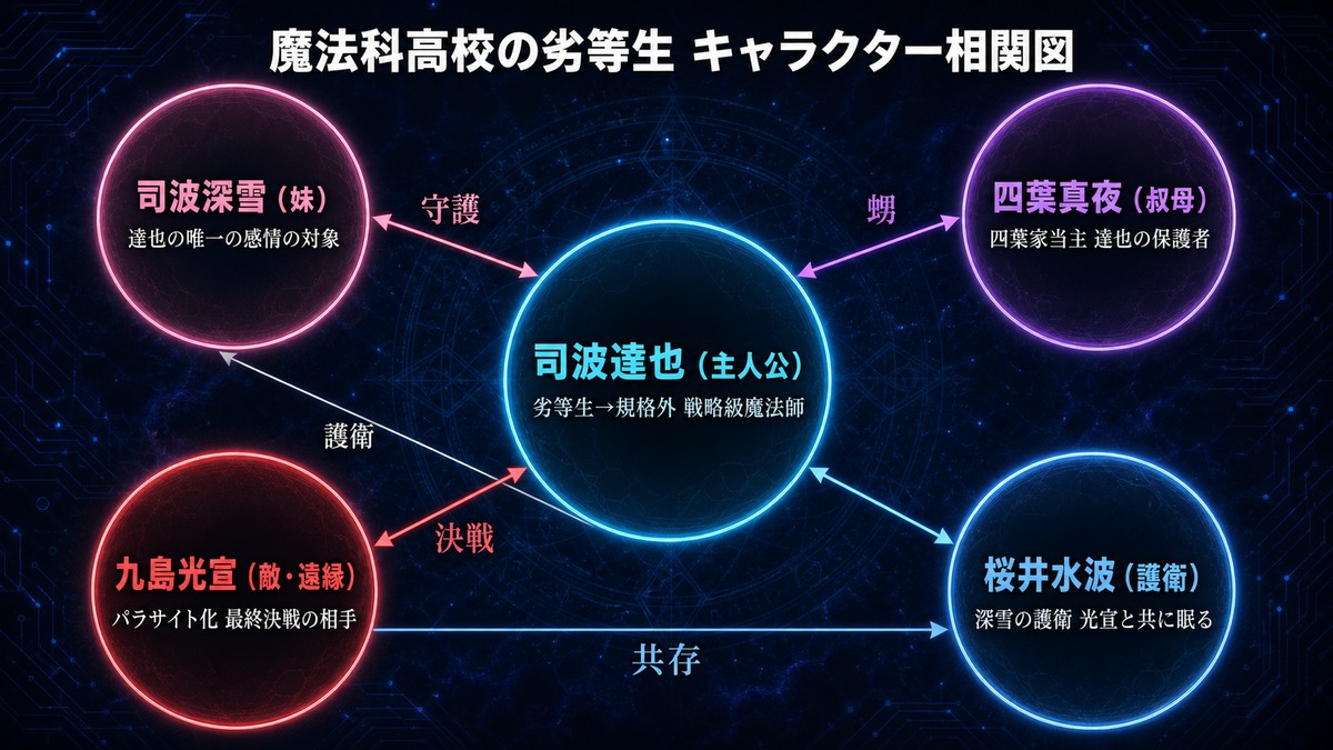 魔法科高校の劣等生のキャラクター相関図。司波達也を中心に、司波深雪・四葉真夜・九島光宣・桜井水波との関係性を図示