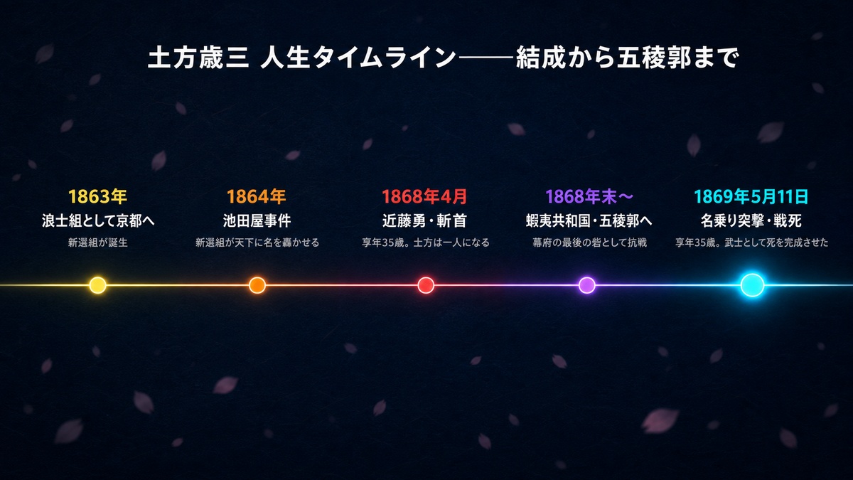 土方歳三の人生タイムライン。1863年の新選組結成から1869年5月11日の五稜郭での名乗り突撃・戦死まで5つの転換点を図示