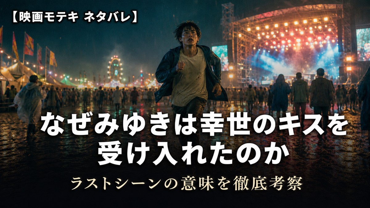 映画モテキのフェスシーンのイメージ画像——藤本幸世（森山未來）が松尾みゆき（長澤まさみ）を追いかけるラストシーンのイメージ、ネタバレ考察記事のアイキャッチ