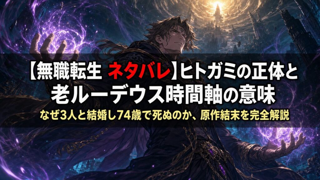 無職転生ネタバレ記事のアイキャッチ画像。魔法の力を解放する成人男性魔法使いのアニメ風イラストに記事タイトルを重ねたバナー