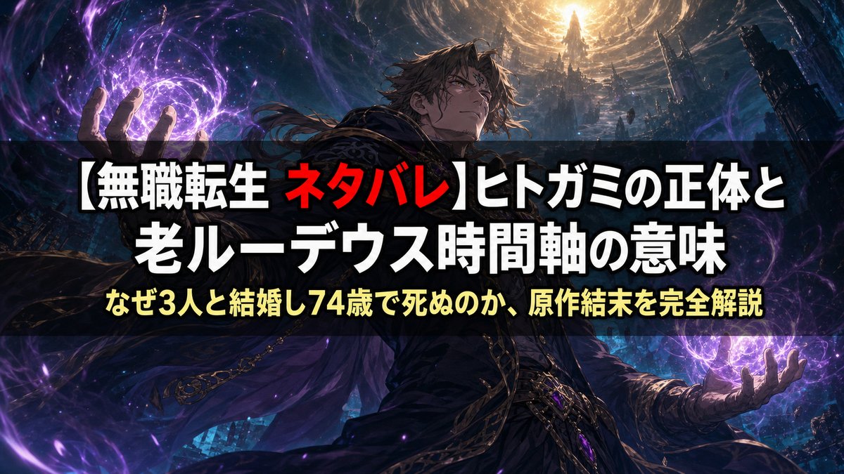 無職転生ネタバレ記事のアイキャッチ画像。魔法の力を解放する成人男性魔法使いのアニメ風イラストに記事タイトルを重ねたバナー