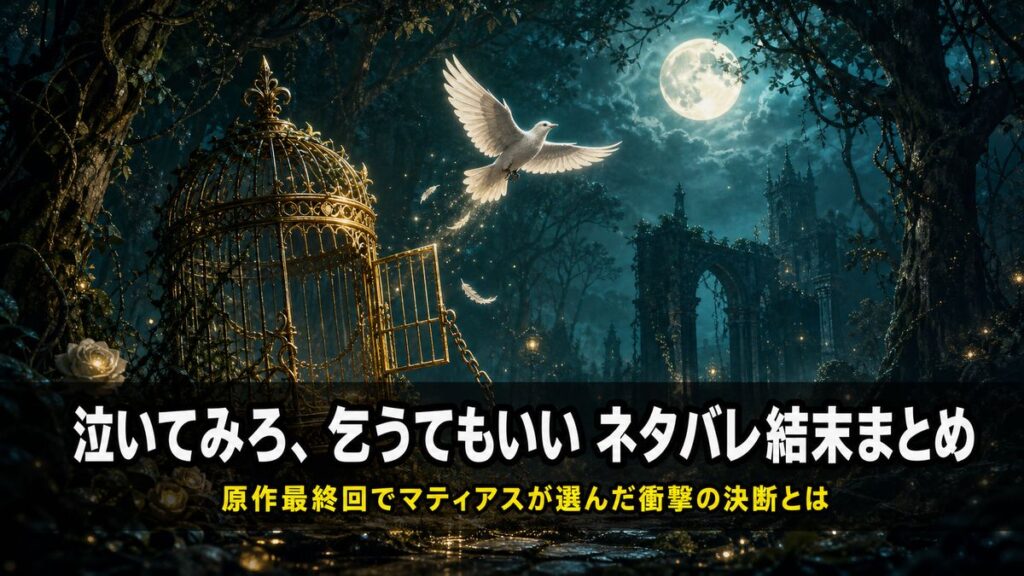 「泣いてみろ乞うてもいい ネタバレ記事のアイキャッチ画像。月明かりの森で鳥かごから白い鳥が飛び立つ幻想的な構図」