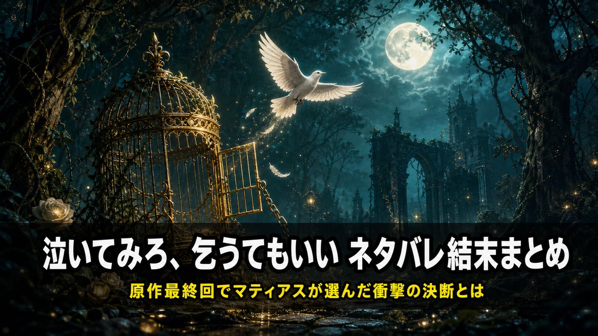 「泣いてみろ乞うてもいい ネタバレ記事のアイキャッチ画像。月明かりの森で鳥かごから白い鳥が飛び立つ幻想的な構図」