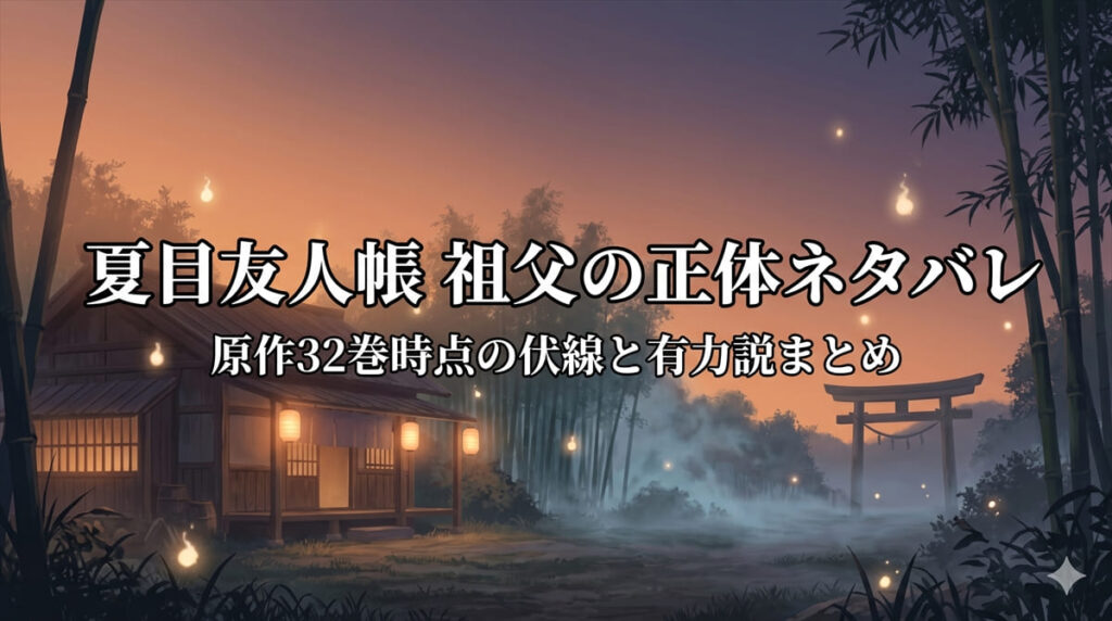 夏目友人帳 祖父の正体ネタバレ記事のアイキャッチ画像。日本の田舎の夕暮れと妖の気配を表現した幻想的な構図