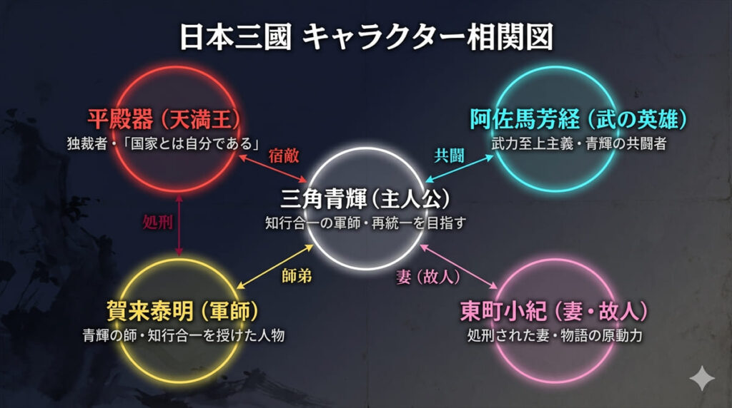 日本三國のキャラクター相関図。三角青輝を中心に、宿敵・平殿器、共闘者・阿佐馬芳経、師・賀来泰明、妻・東町小紀の5人の関係性を図示