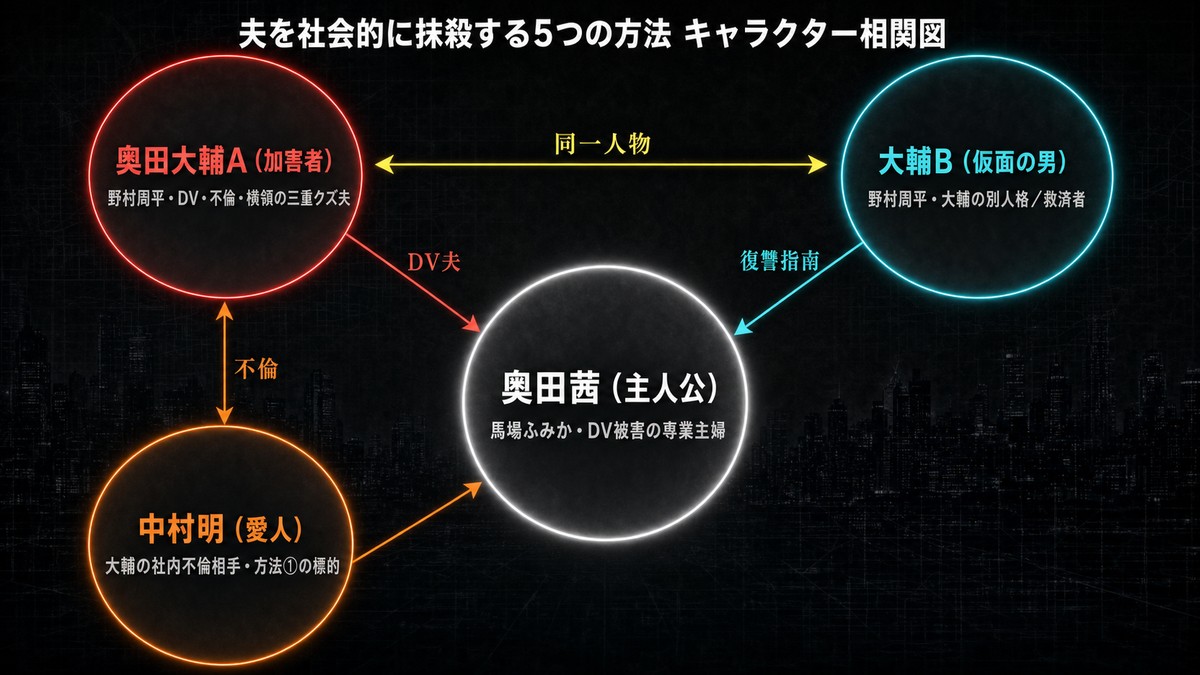 夫を社会的に抹殺する5つの方法キャラクター相関図。奥田茜（中央）を中心に、DV夫・大輔A（左上）、救済者・大輔B（右上）、愛人・中村明（左下）の関係を図示。大輔Aと大輔Bが同一人物である点を黄色の矢印で強調。