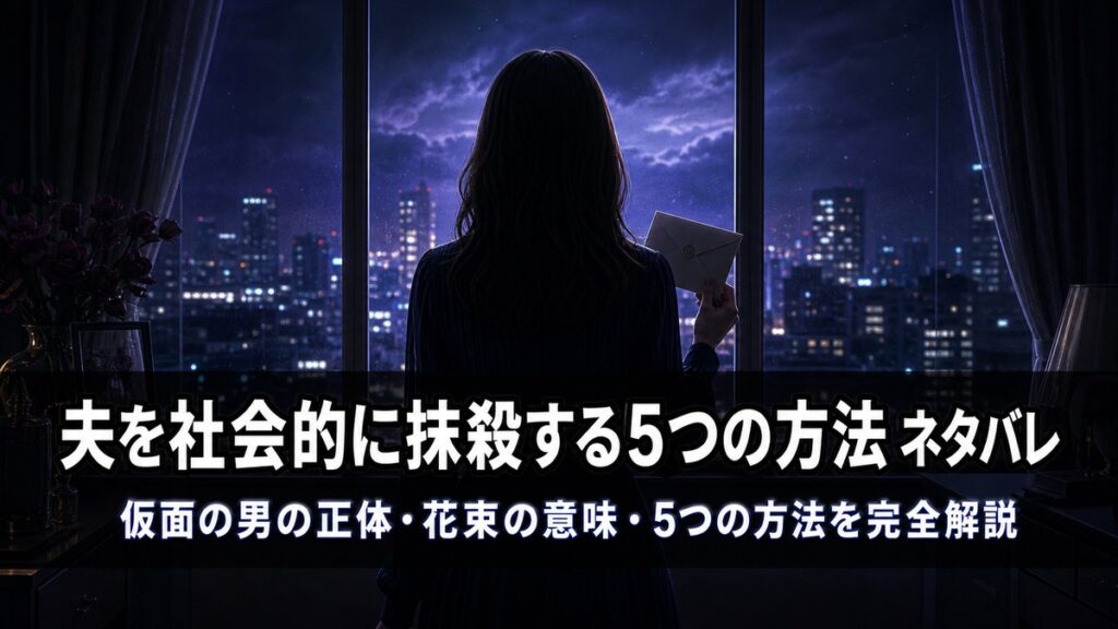 夫を社会的に抹殺する5つの方法のネタバレ記事アイキャッチ。暗い部屋の窓際に立つ女性のシルエット。復讐劇のミステリアスな雰囲気を表現。