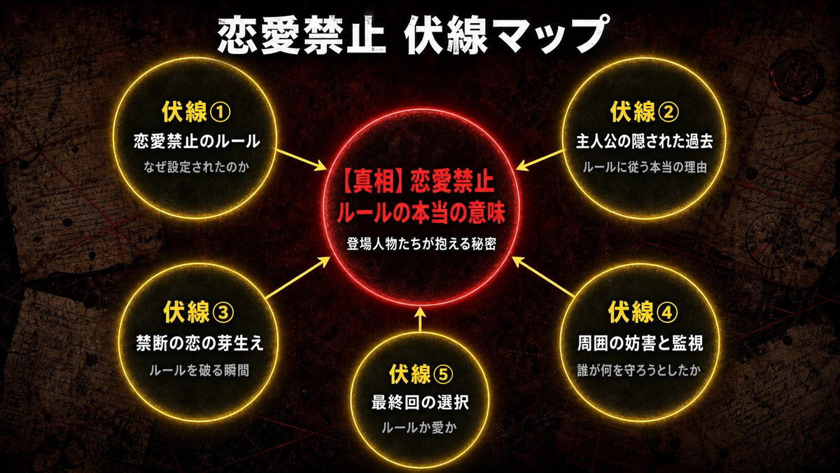 恋愛禁止の伏線マップ。中央にルールの本当の意味という真相を据え、ルールの起源・主人公の過去・禁断の恋・妨害と監視・最終回の選択という5つの伏線が真相に収束する構造を図示