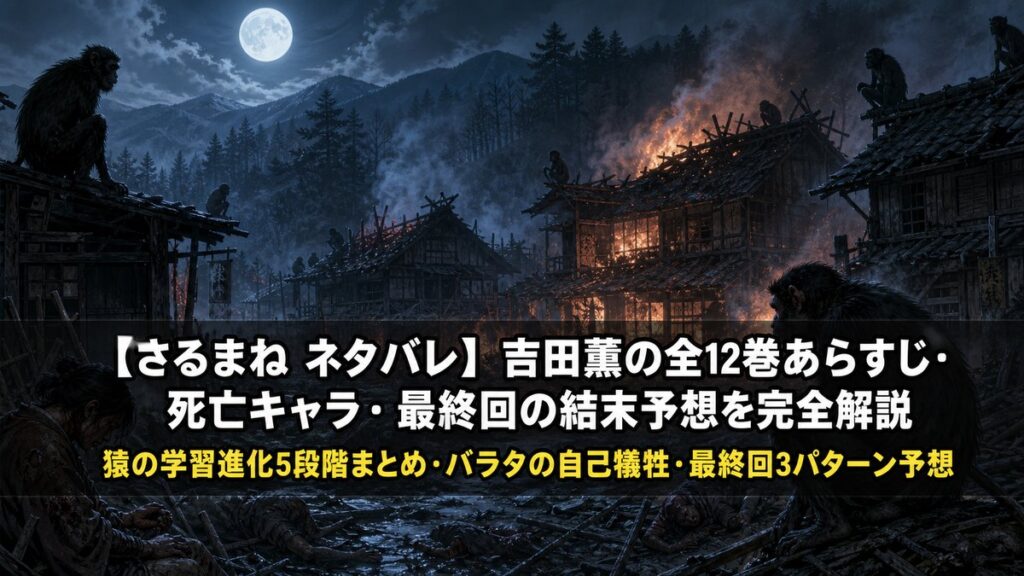 「さるまね 漫画ネタバレ記事のアイキャッチ画像。江戸時代の山村が燃え、猿の影が漂う暗闇の中に記事タイトルが配置されたパニックホラーの構図」