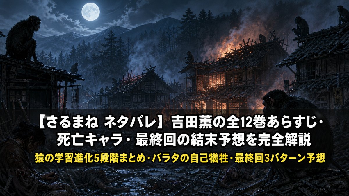 「さるまね 漫画ネタバレ記事のアイキャッチ画像。江戸時代の山村が燃え、猿の影が漂う暗闇の中に記事タイトルが配置されたパニックホラーの構図」