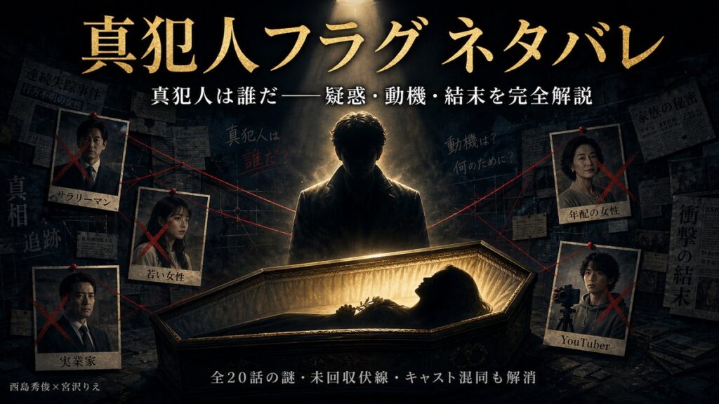 真犯人フラグのネタバレ解説サムネイル——棺と疑惑の構造図で河村の動機を可視化