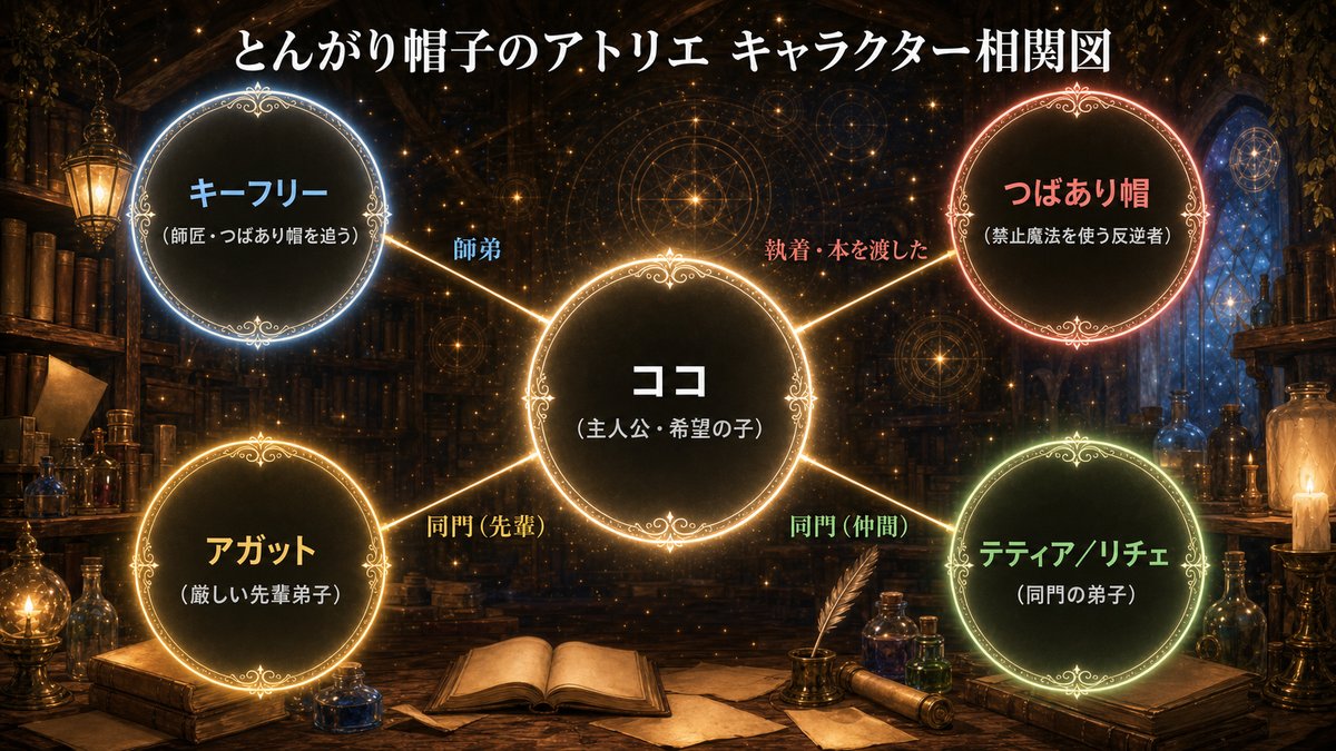とんがり帽子のアトリエ キャラクター相関図。中央のココを囲む形で、キーフリー(左上・師弟)、つばあり帽(右上・執着)、アガット(左下・同門の先輩)、テティア/リチェ(右下・同門の仲間)の関係性を図示した相関図。