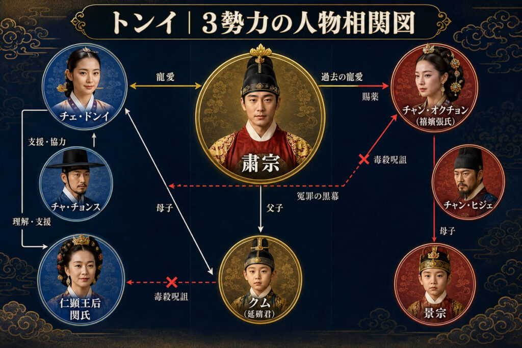 韓国時代劇トンイのキャラクター相関図。トンイ陣営3名／王室／チャン・オクチョン陣営3名の対立と関係性を整理した図解