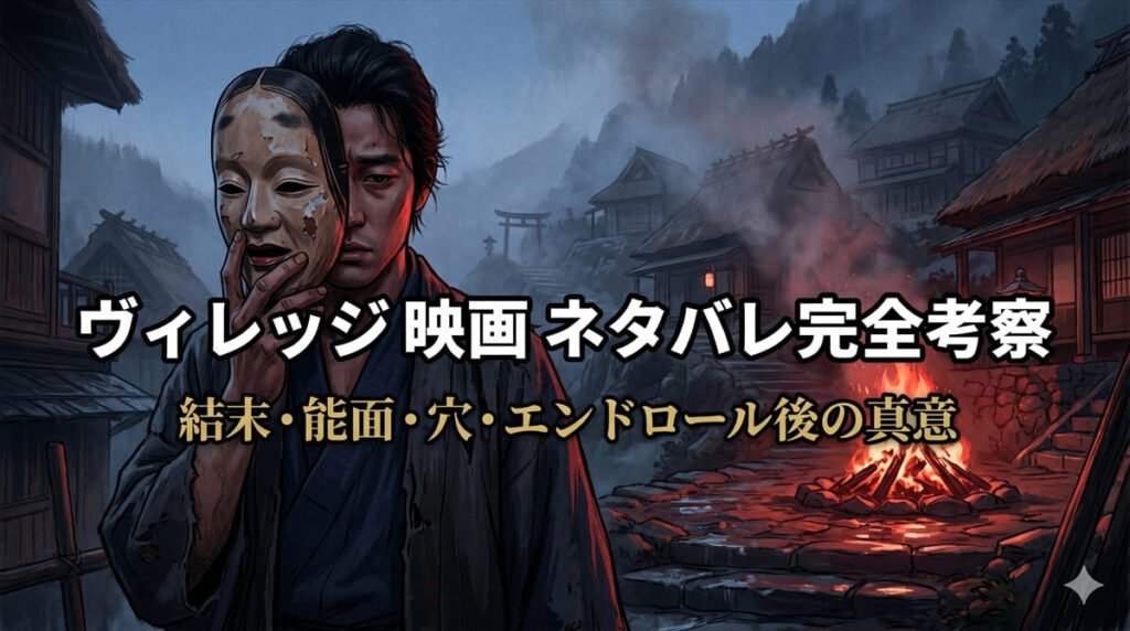 ヴィレッジ 映画 ネタバレ記事のアイキャッチ画像。能面をつけた横浜流星演じる片山優と霞門村を象徴する構図