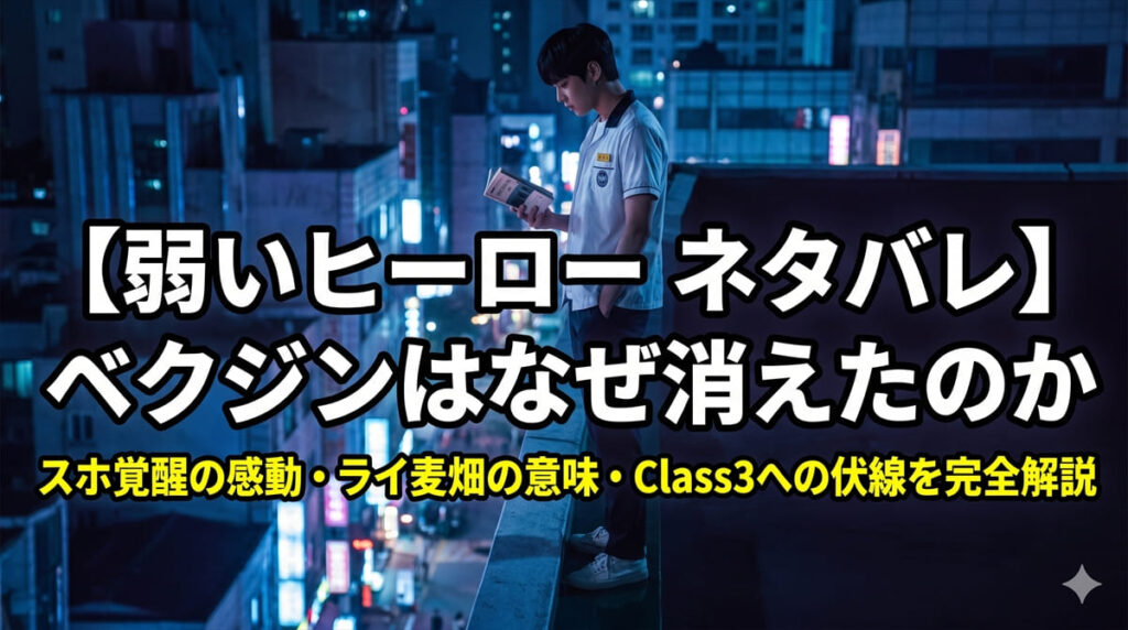 弱いヒーロー ネタバレ考察記事のアイキャッチ画像。夜の屋上に立つ学校の制服姿の孤独な少年が夜景を見下ろす構図。