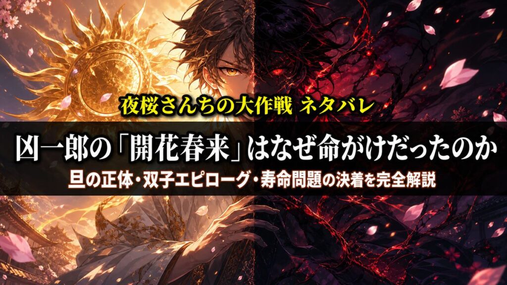 夜桜さんちの大作戦ネタバレ記事のアイキャッチ画像。桜の花びらが散る夜の背景に、凶一郎の開花春来と旦との戦いをイメージしたダークヒロイックな構図