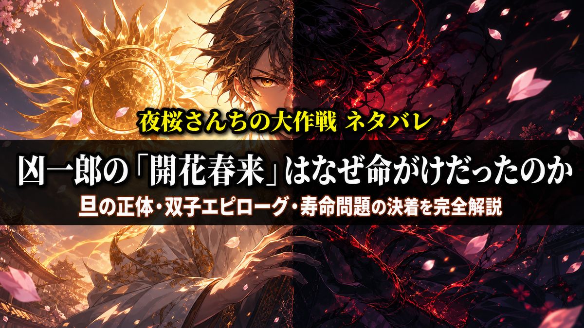 夜桜さんちの大作戦ネタバレ記事のアイキャッチ画像。桜の花びらが散る夜の背景に、凶一郎の開花春来と旦との戦いをイメージしたダークヒロイックな構図
