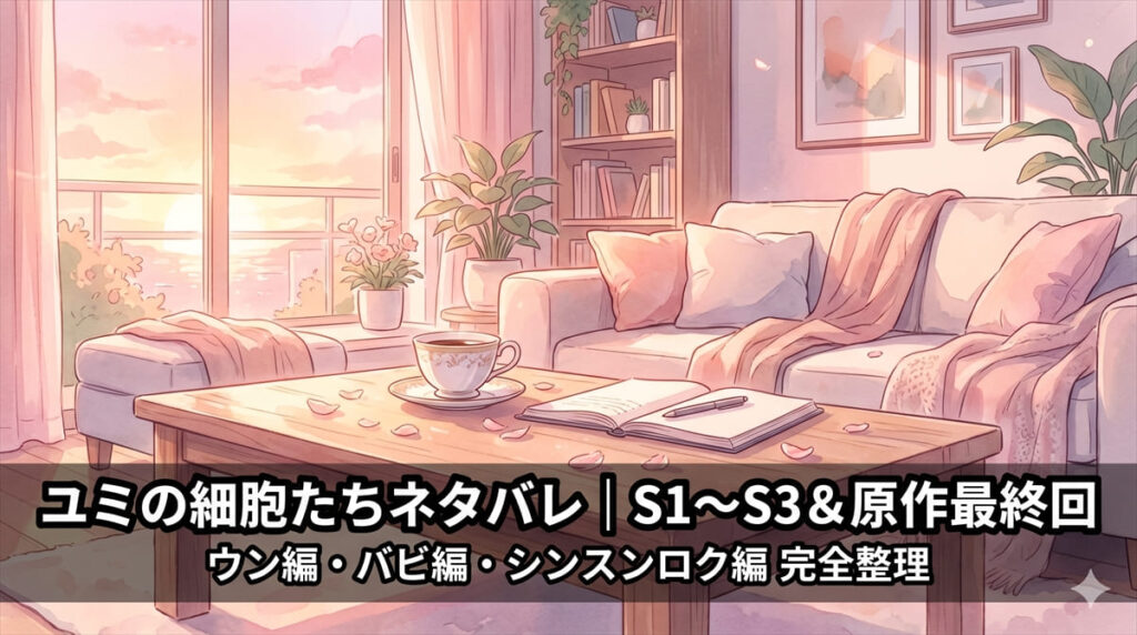 ユミの細胞たちネタバレ記事のアイキャッチ。夕暮れのリビングと一杯のコーヒーが30代女性の日常を象徴