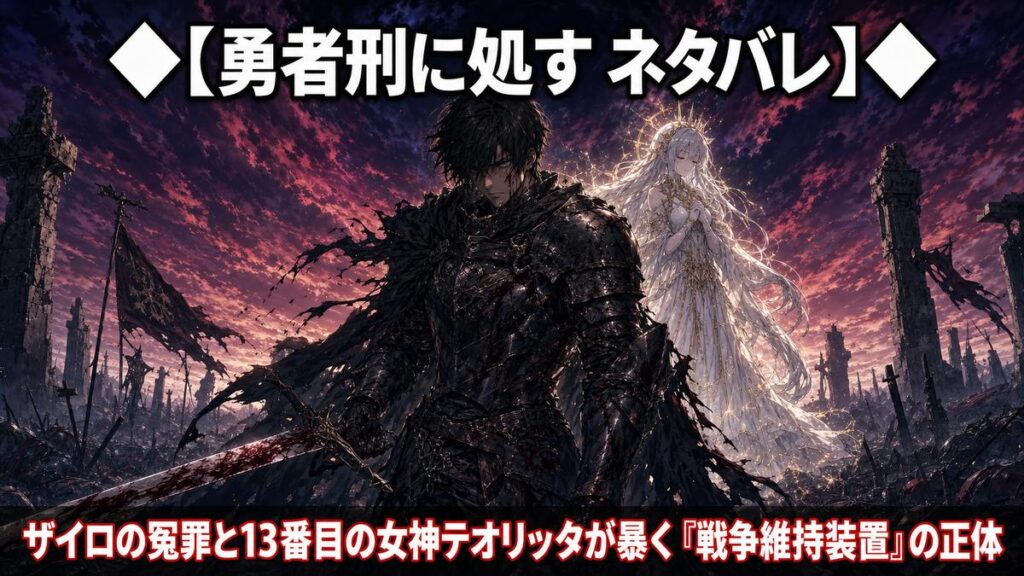 勇者刑に処すのアイキャッチ：黒い甲冑のザイロと光をまとうテオリッタが荒廃した戦場に立つキービジュアル